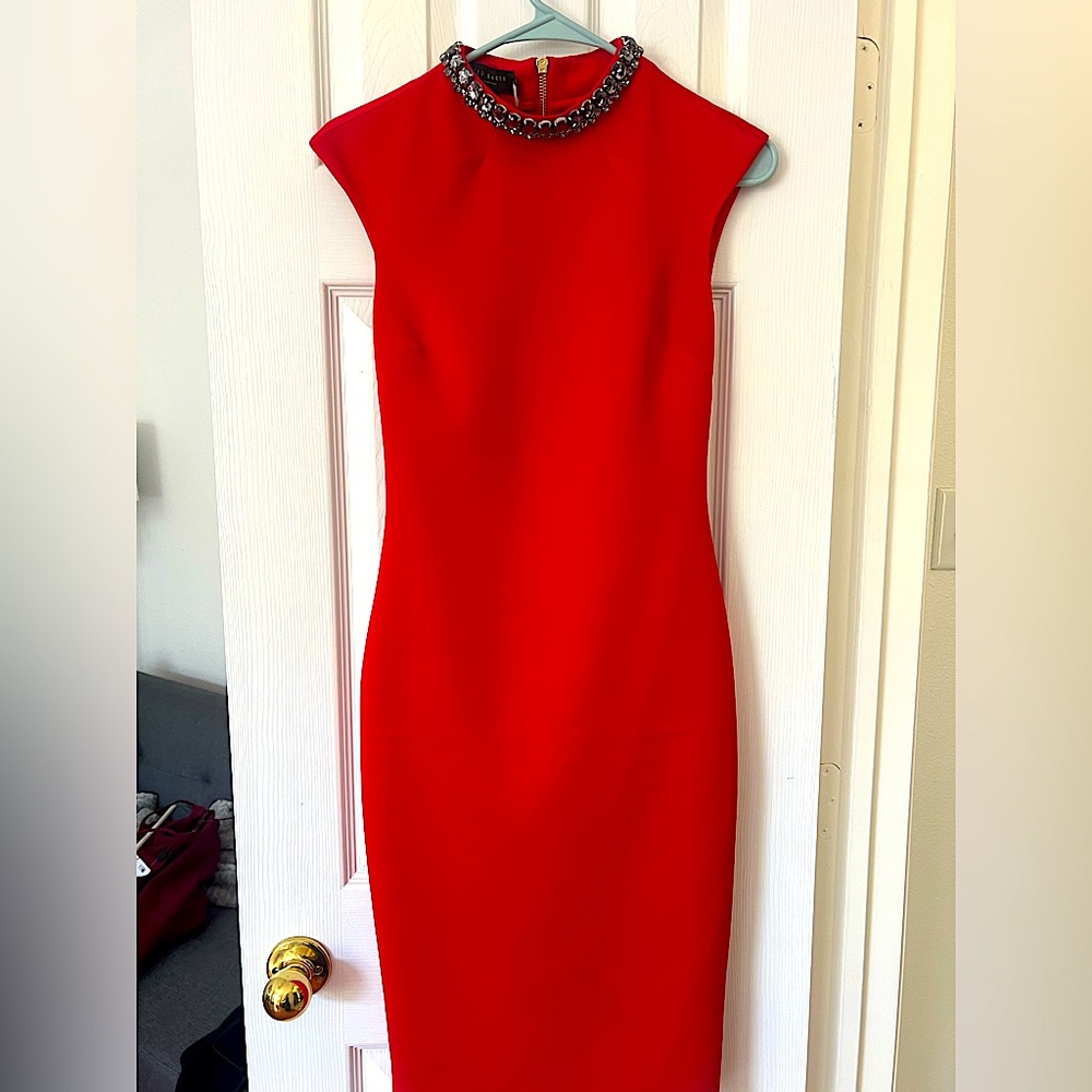 Ted Baker jeweled neck fitted red dress